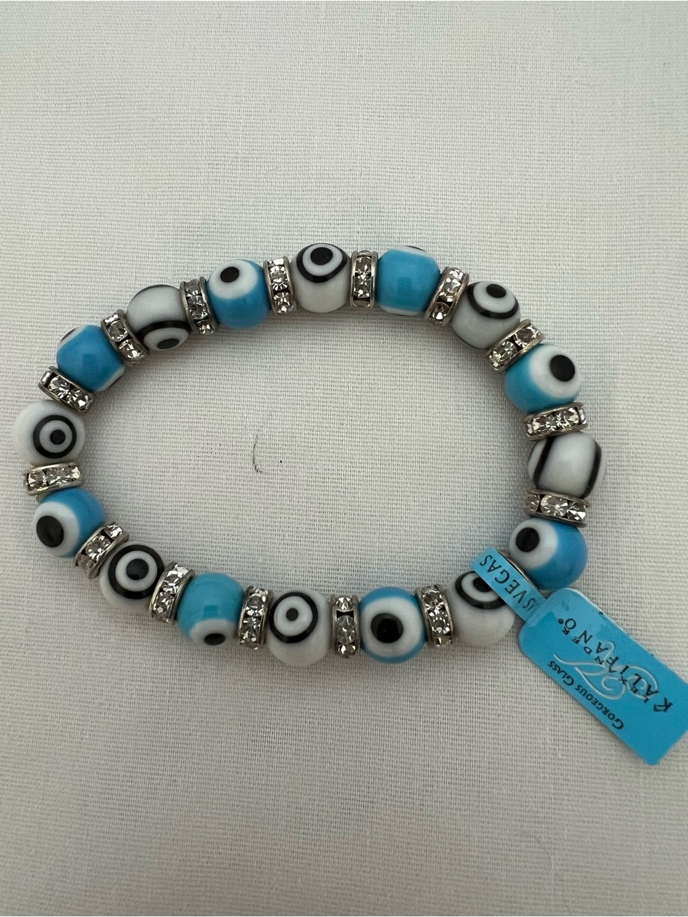 Glass Evil Eye Beaded Stretch Bracelet in Blue and White